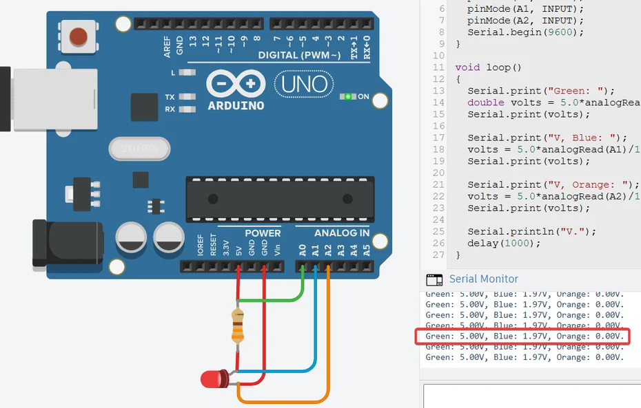 Arduino simulated circuit with debug information